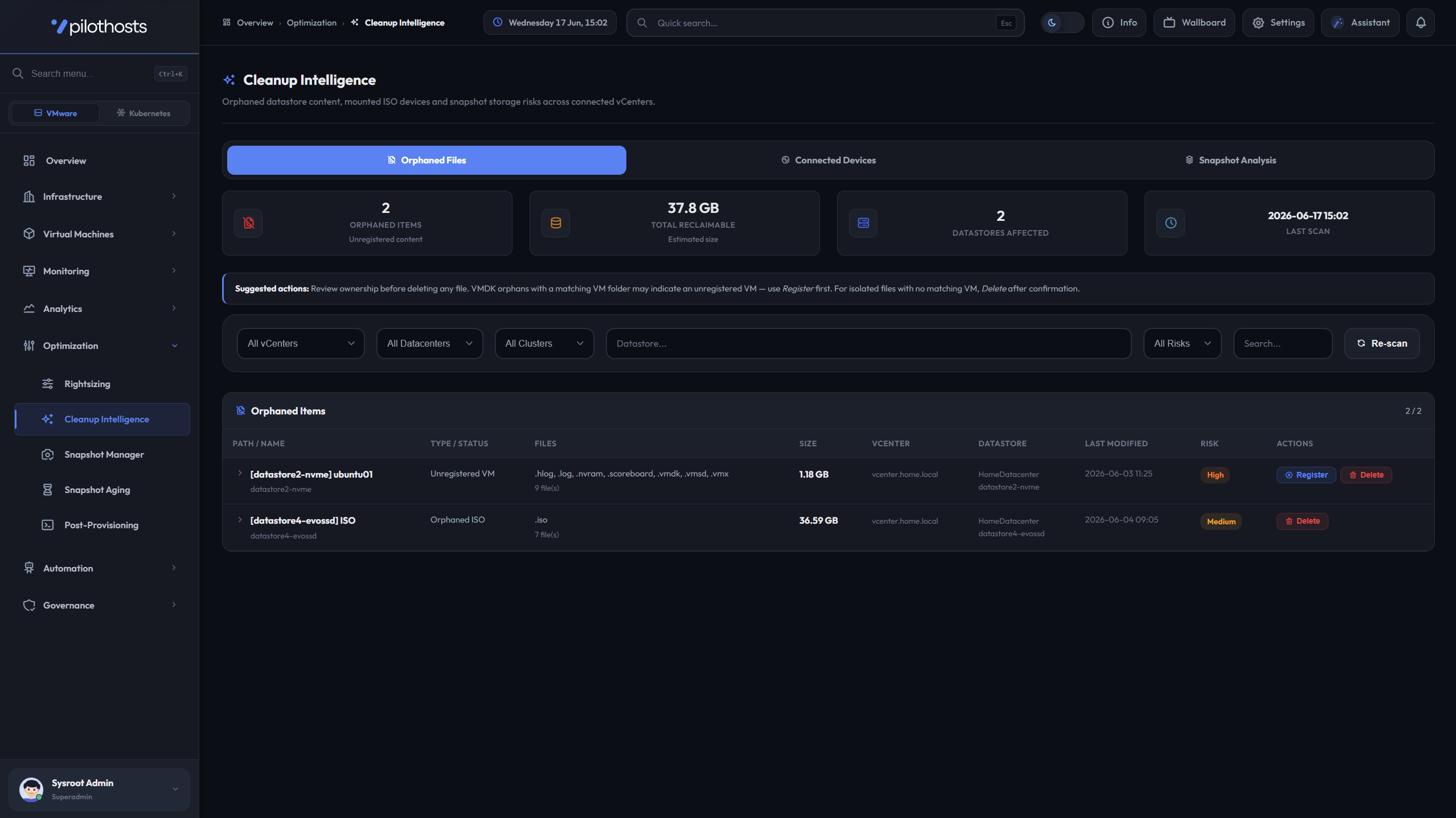 PilotHosts Cleanup Intelligence screen showing orphaned files and reclaimable storage