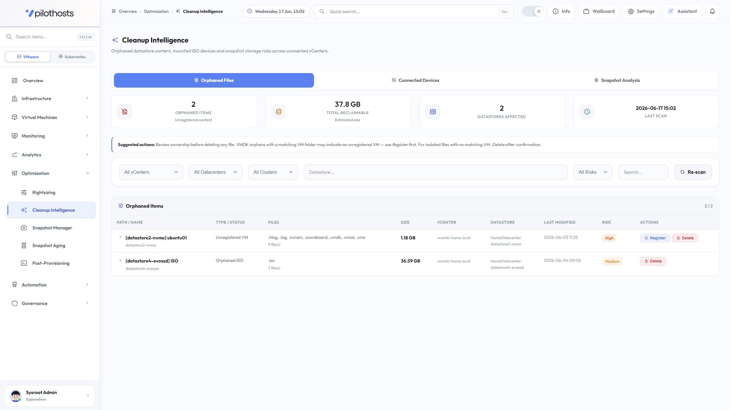 PilotHosts Cleanup Intelligence screen showing orphaned files and reclaimable storage