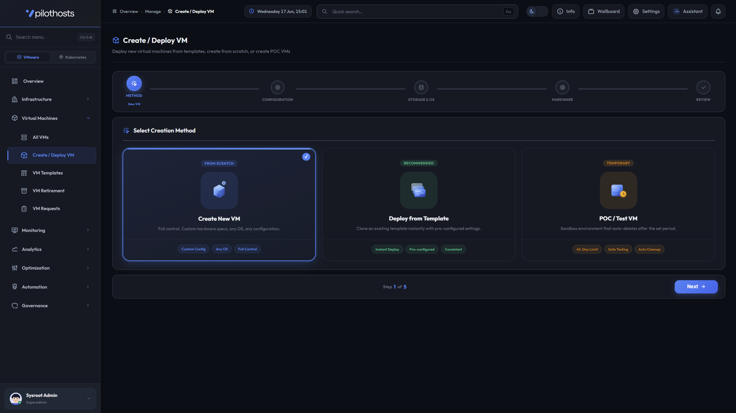 PilotHosts Create/Deploy VM wizard with template-based provisioning