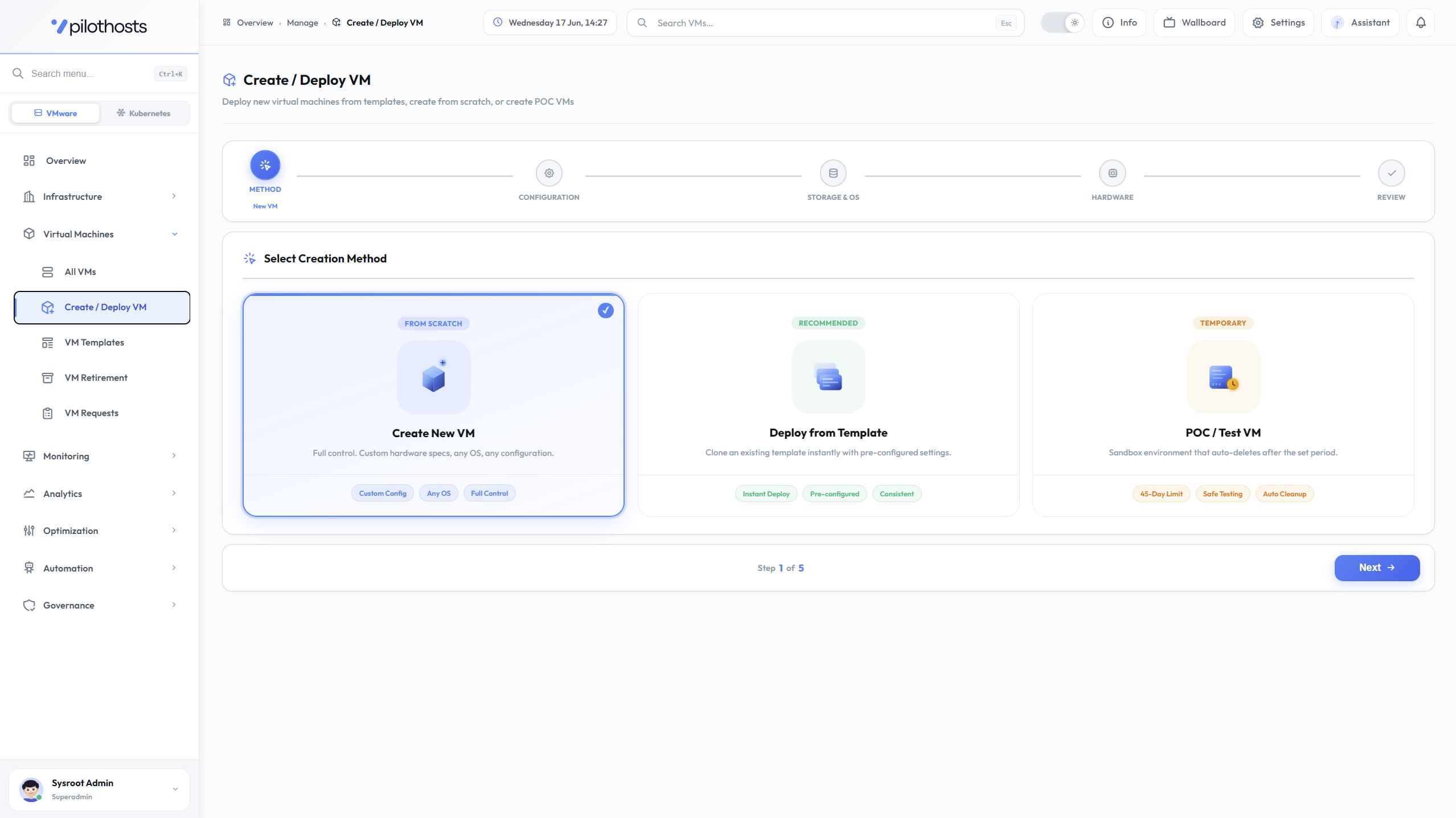 PilotHosts Create/Deploy VM wizard with template-based provisioning